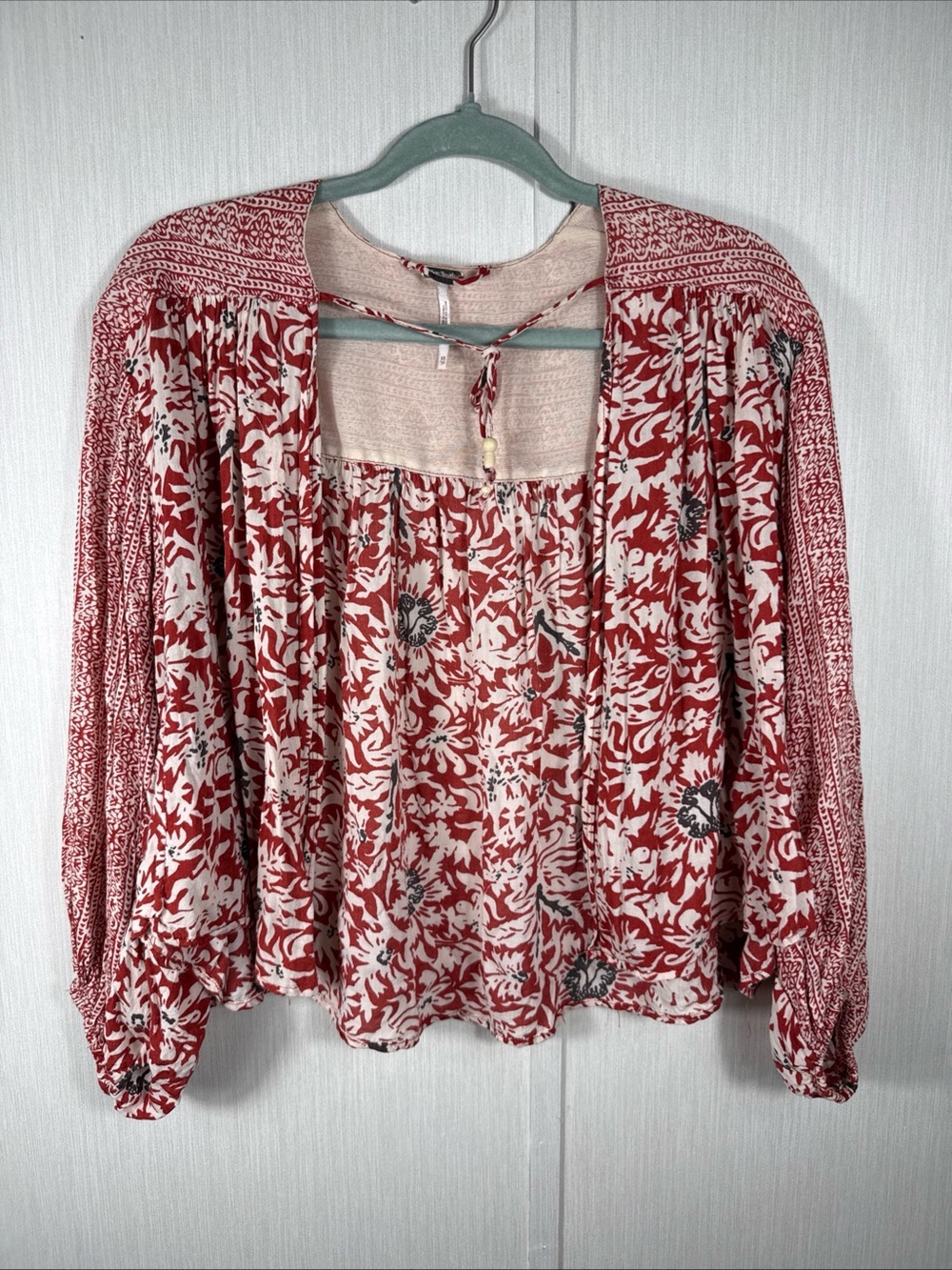 Free People XS Forget Me Not Red Mixed-Print Kimono Cardigan Women's Boho Indie